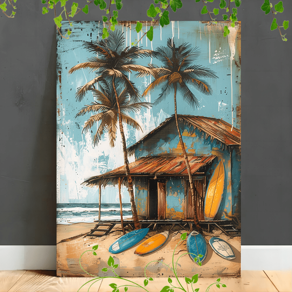

1pc Wooden Framed Canvas Painting, Beach House Surfboards Tropical Relaxation Palm Trees Coastal 1