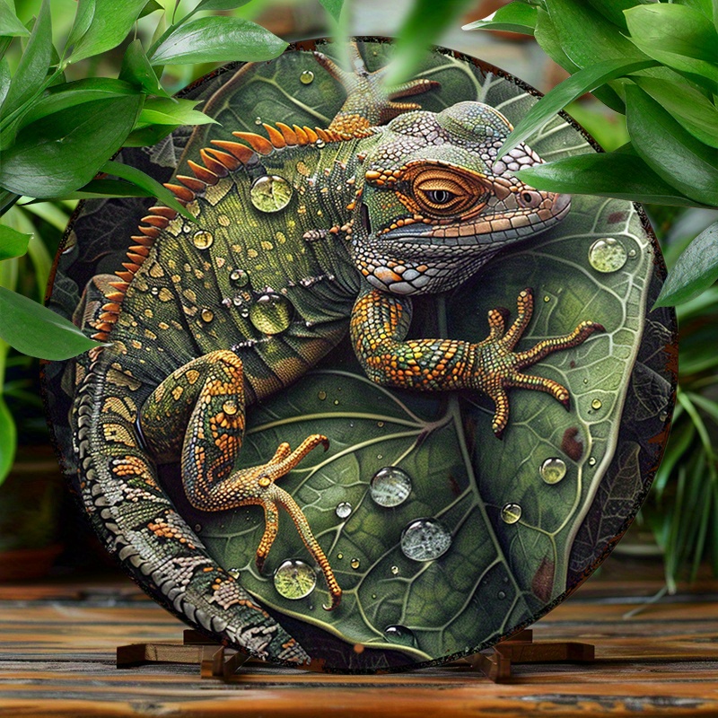 

Colorful Lizard 8x8" Round Aluminum Sign - Vintage Metal Wall Decor For Home, Office, Cafe | Easy Hang Design