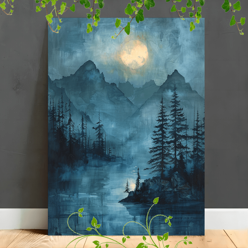 

1pc Wooden Framed Canvas Painting, Moonlit Mountains Pine Trees Misty Landscape Serene Twilight