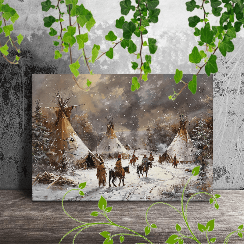 

1pc Wooden Framed Canvas Painting, Nativeamericans Winterlandscape Teepees Horseriders Snowyscene Historicalpainting