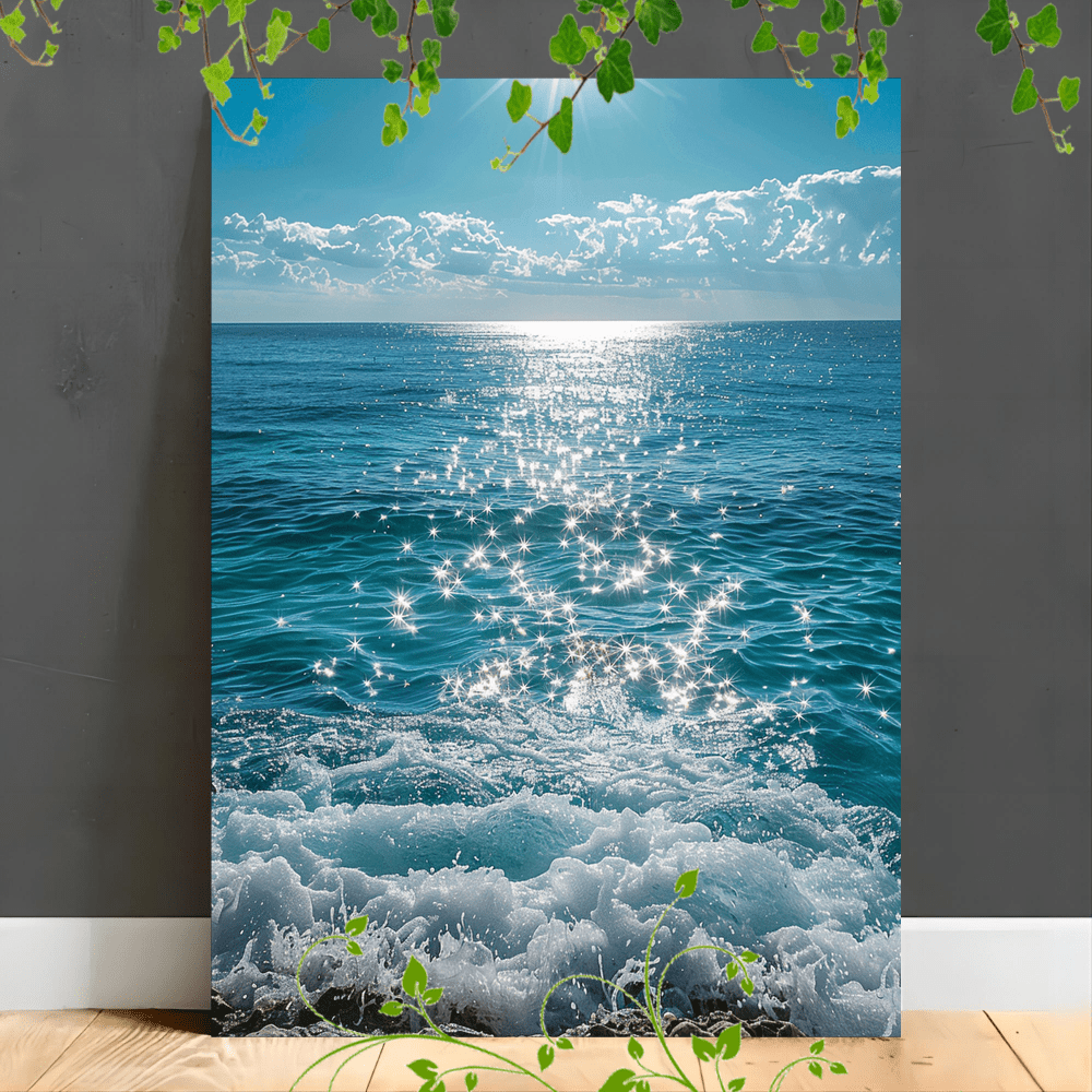 

1pc Wooden Framed Canvas Painting, Oceanhorizon Sparklingwater Tranquilsea Bluewaves Seascape Peacefulview