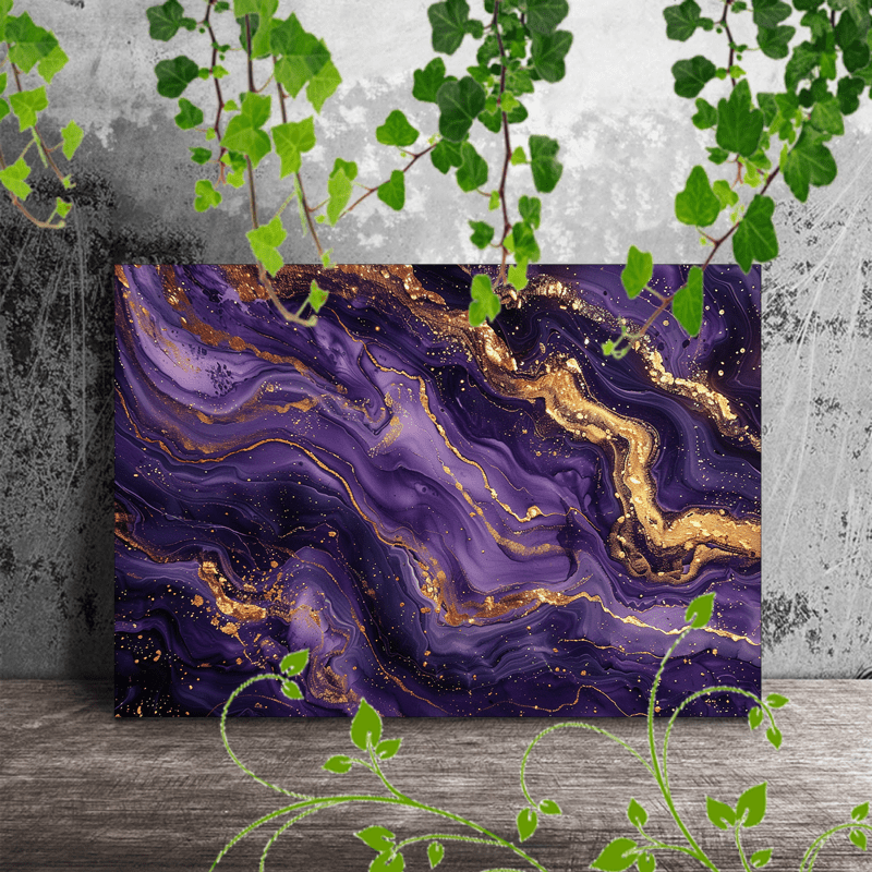 

1pc Wooden Framed Canvas Painting, Purple Abstract Golden Accents Fluid Art Luxurious Swirling