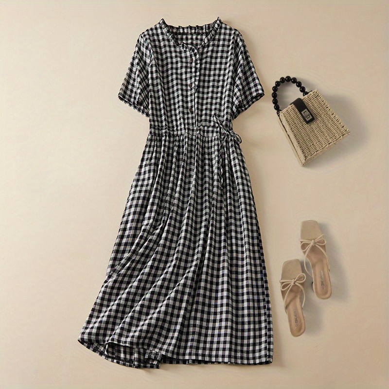 

Grid Print Button Front Dress, Elegant Short Sleeve Drawstring Waist A-line Dress For Spring & Summer, Women's Clothing