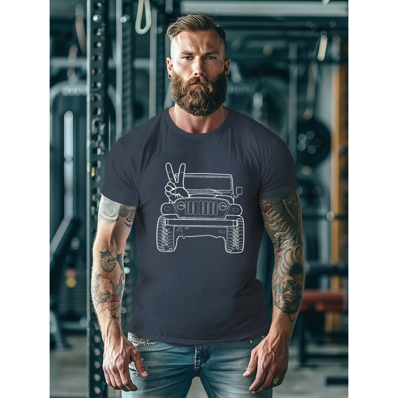 

Creative Peace Off-road Vehicle Illustration Print, Men's Summer Casual Short Sleeve T-shirt, Round Neck, Comfy And Simple Fit, Versatile Outdoor Top For Daily Wear