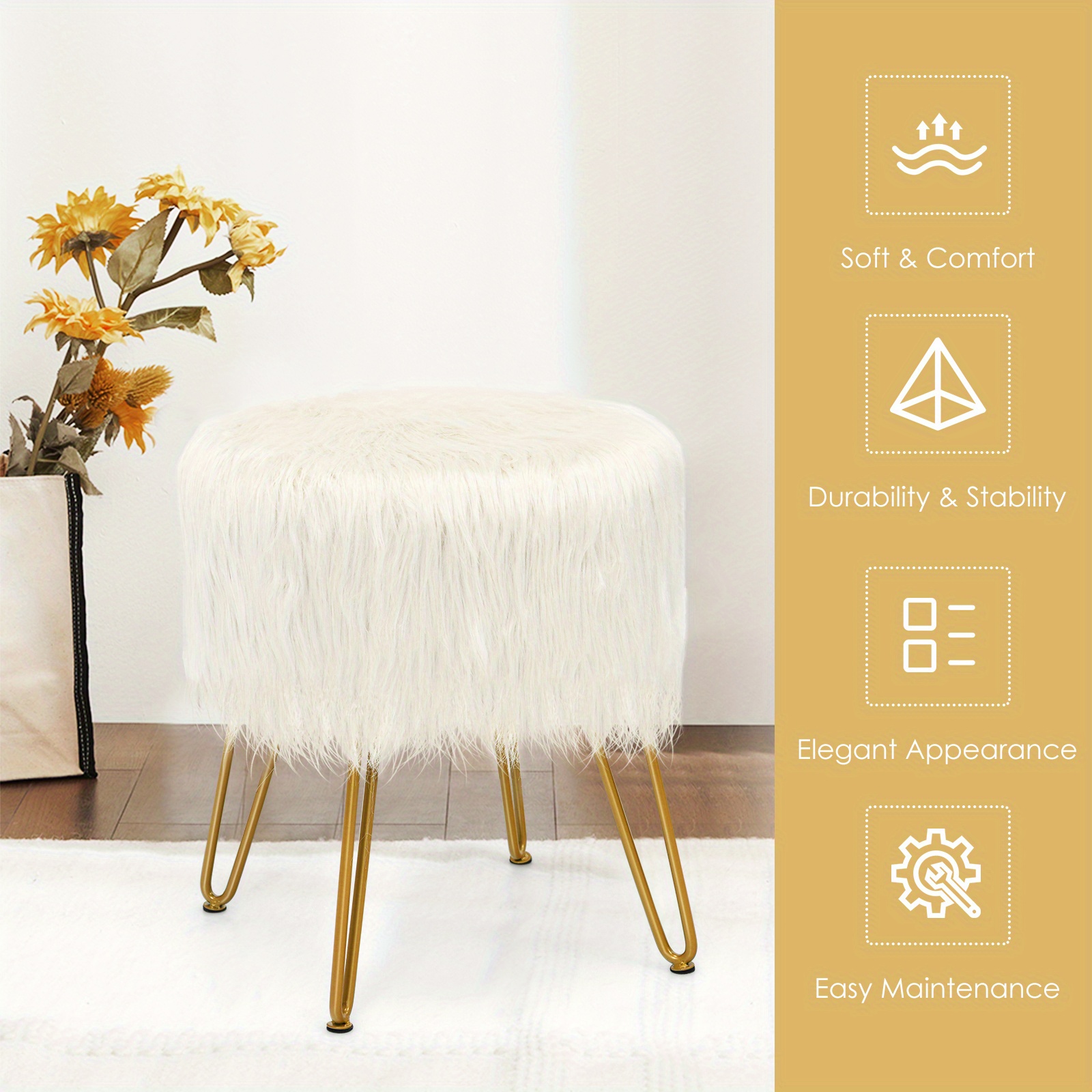 Ottoman White Fluffy Stool Chair Fur Vanity Chair Furry Padded