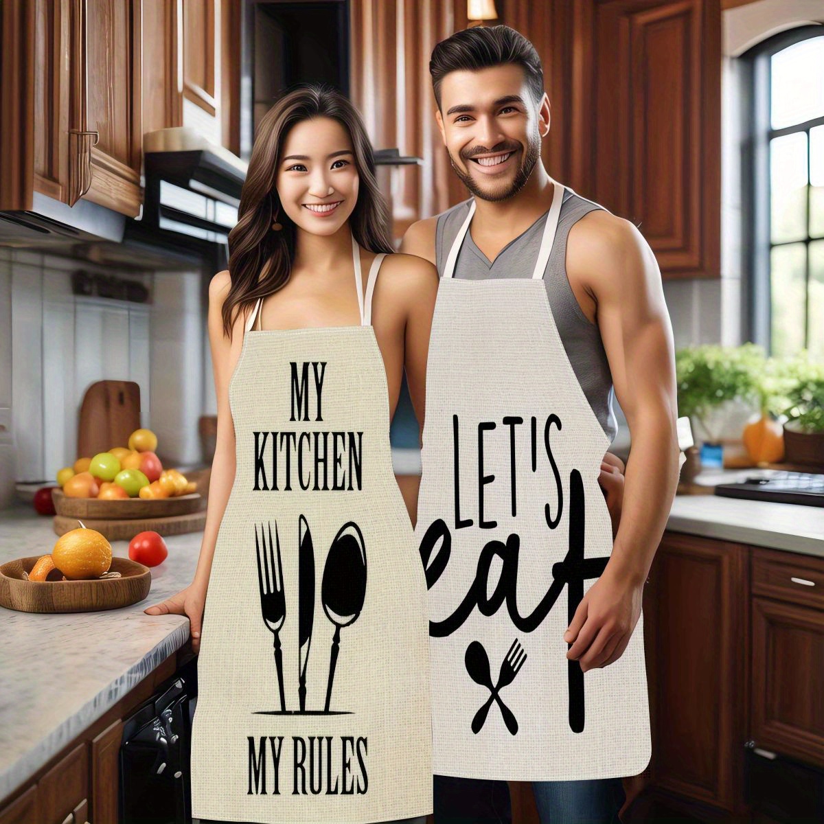 

let's Eat" Aprons - 2 Pieces, Valentine's Day Couple Aprons For Kitchen Or Outdoor Use - Made Of Durable Polyester