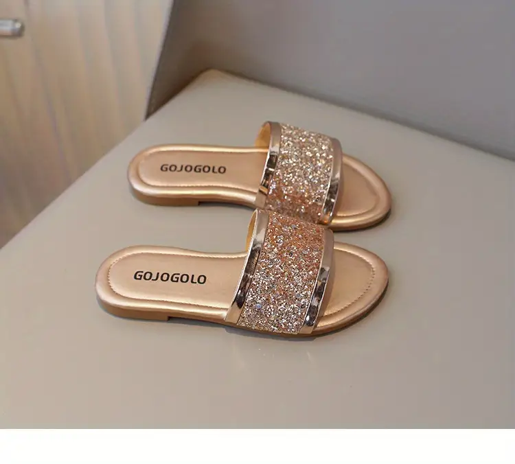 girls sparkly glitter sandals casual summer flat heel slip on slippers simple anti slip slide princess shoes beach footwear for kids details 11