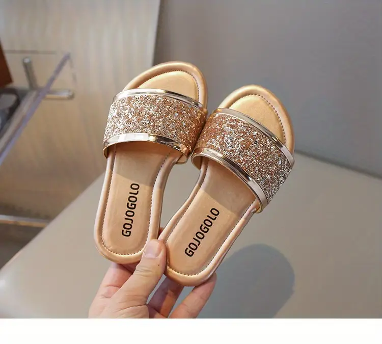 girls sparkly glitter sandals casual summer flat heel slip on slippers simple anti slip slide princess shoes beach footwear for kids details 10