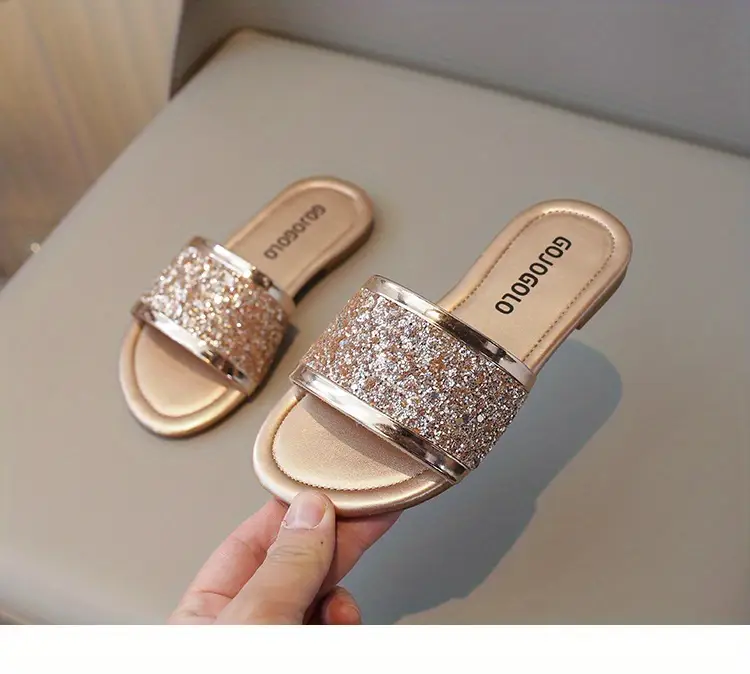 girls sparkly glitter sandals casual summer flat heel slip on slippers simple anti slip slide princess shoes beach footwear for kids details 9