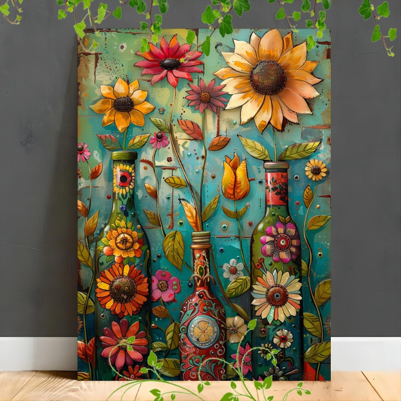 

1pc Wooden Framed Canvas Painting, Colorful Bottles Flowers Whimsical Vibrant Decorative Playful