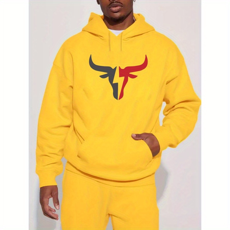 

Men's Casual Trendy Hoodie With Bull Print, Pullover Sweatshirt, Long Sleeve Top For Male Fashion