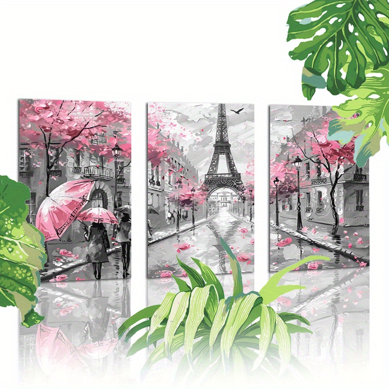 

Paris Street Scene With Eiffel Tower Triptych Wall Art - Set Of 3 Rolled Canvas Paintings, 12x18 Inch, Vivid & Umbrella Motif, Cloth Material, Home & Living Room Decor, Unframed