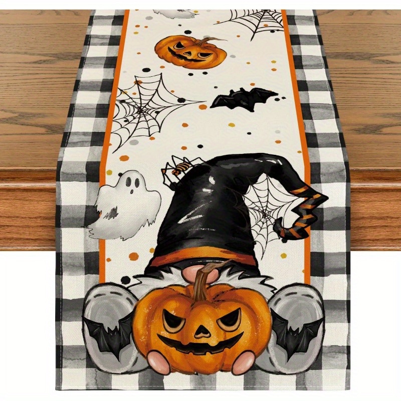 

Halloween Table Runner - 100% Polyester Woven Rectangular Table Decor With Gnome, Pumpkin, Ghost, Bat Motifs For Home & Party, Buffalo Check - 13x72 Inches (1pc)