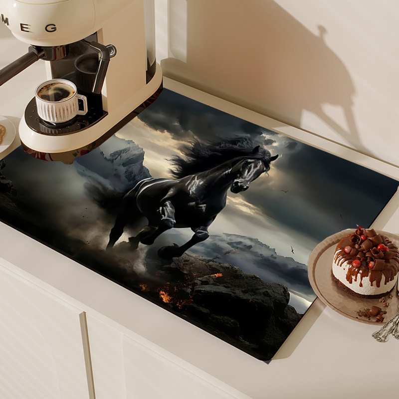 

Horse Print Dish Drying Mat - 1pc Polyester Quick-dry Absorbent Kitchen Countertop Mat For Dishes, Coffee Maker, Non-slip & , Surface Pad For Home Decor, Table, Refrigerator, Microwave Dust Cover