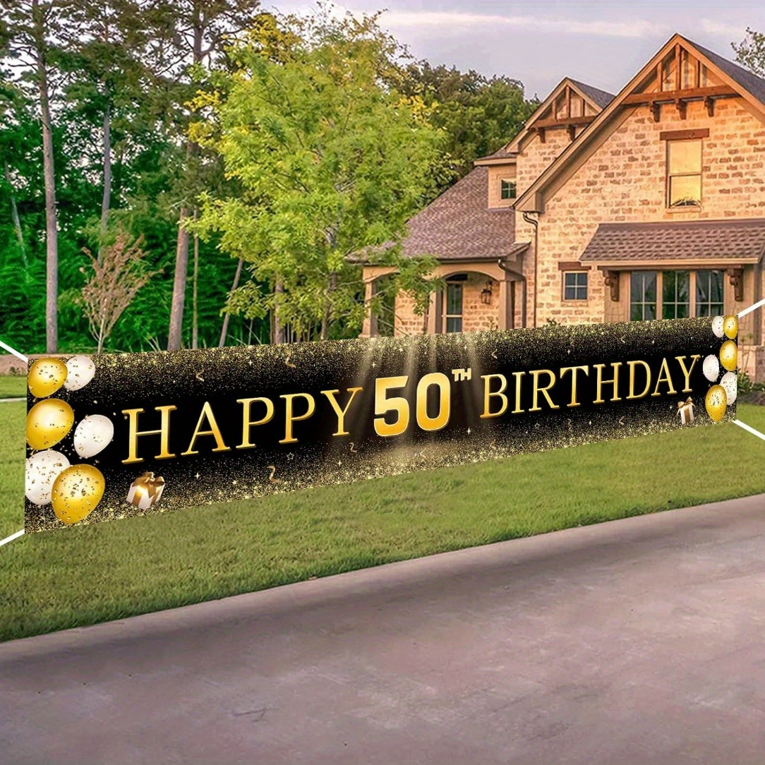 

Happy 50th Birthday Banner - Black & Metallic, Durable Polyester, Suitable For Indoor/outdoor Celebration For Men & Women, 60x13.5 Inches