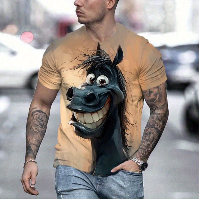 

Men's 3d Digital Cartoon Style Funny Horse Pattern Crew Neck And Short Sleeve T-shirt, Novel And Stylish Tops For Summer Outdoors Wear