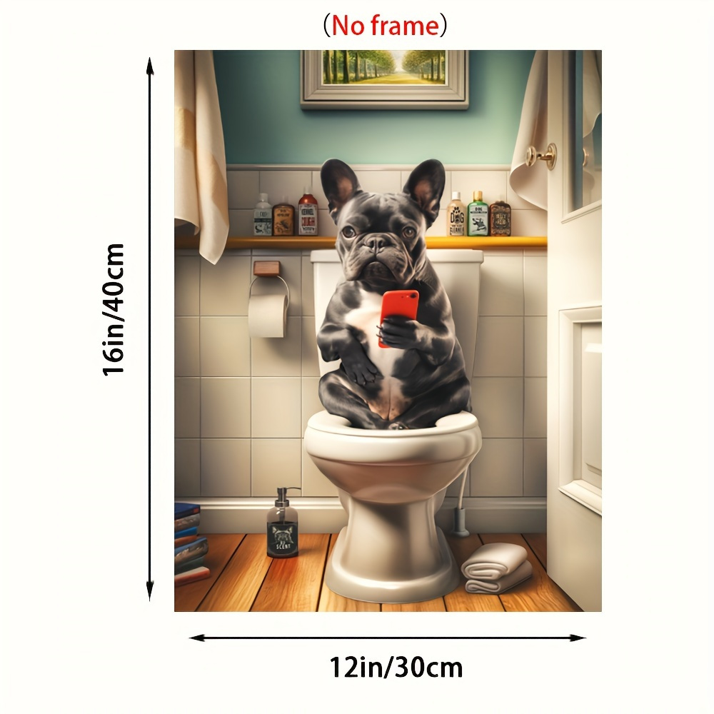 

French Bulldog On Toilet With Phone - Whimsical 12x16" Frameless Canvas Art Poster, Perfect For Home & Office Decor