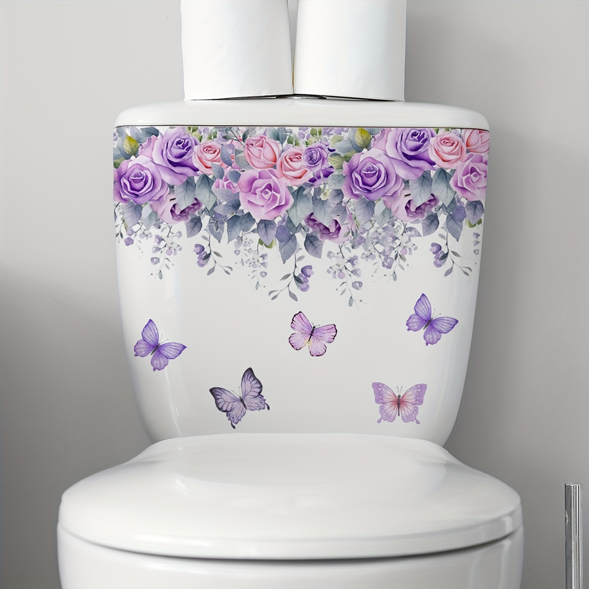 Purple Roses & Butterfly Self-adhesive Toilet Decal - Matte Finish ...