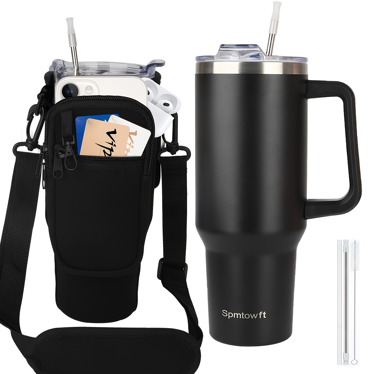 

40oz With Handle And Straw Lid & Carrier Bag, Stainless Steel Double Vacuum Coffee With Phone Pocket, Bottle Travel Mug For Men Women With Sleeve Holder