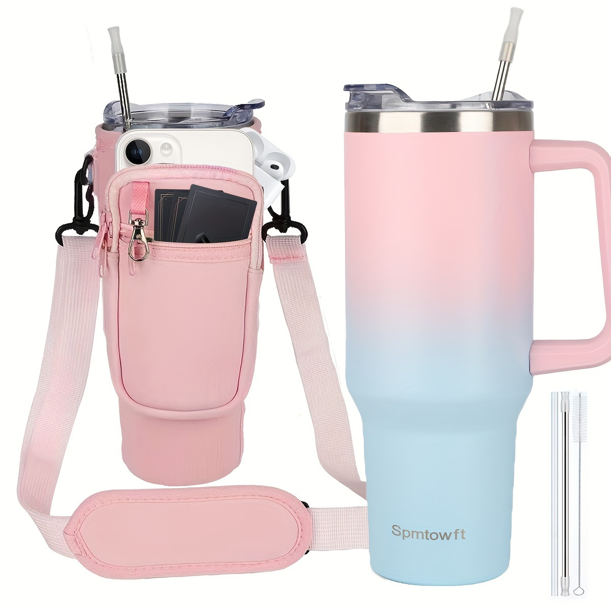 TEMU 40oz Tumbler With Handle And Straw Lid & Carrier Bag, Stainless Steel Double Vacuum Coffee With Phone Pocket, Gym Water Bottle Travel Mug For Men Women With Sleeve Holder