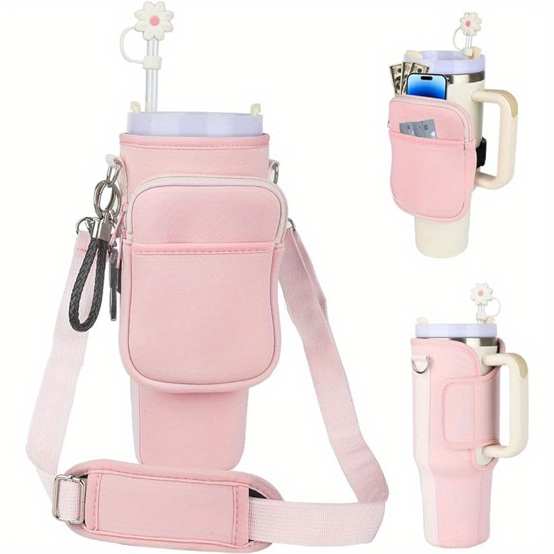 

Water Bottle Holder With Adjustable Strap, Compatible With 40oz Stanley Cup & , Cream Neoprene Carrier Bag With Straw Cover & Carabiner For Hiking, Camping - Mesh Pocket, Durable Zippers