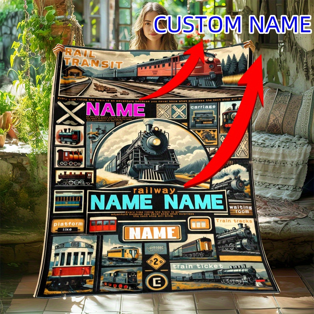 

Custom Name Train Puzzle Soft & Warm Flannel Throw Blanket - Lightweight, Durable For Sofa, Bedroom, Travel, Camping, Living Room, Office Chair - Perfect Gift For Family & Friends