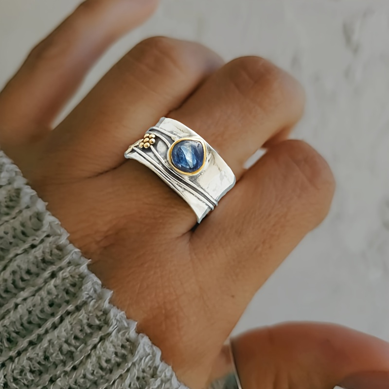

Handmade Sterling Silver Adjustable Ring With Teardrop Blue Sapphire Accent, European Vintage-inspired Dual-tone Petal Design, Elegant Fashion Jewelry For Women, Engagement Wedding Band