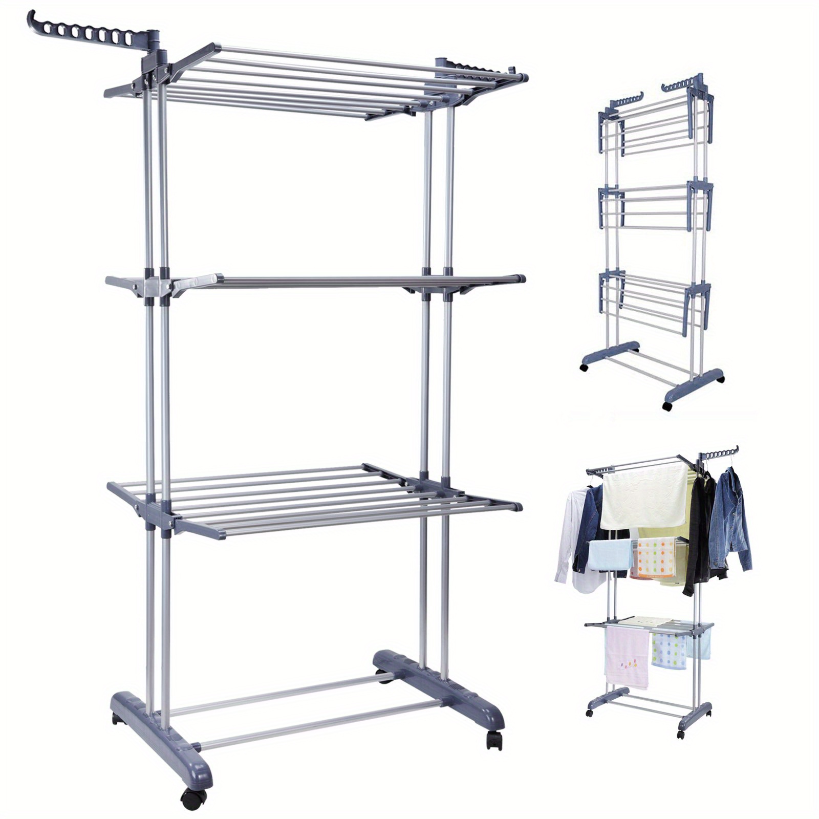 

Clothes Drying Rack, 4-tier Collapsible Rolling Dryer Clothes Hanger Adjustable Large Garment Laundry Racks With Foldable Wings Indoor Outdoor, Gray