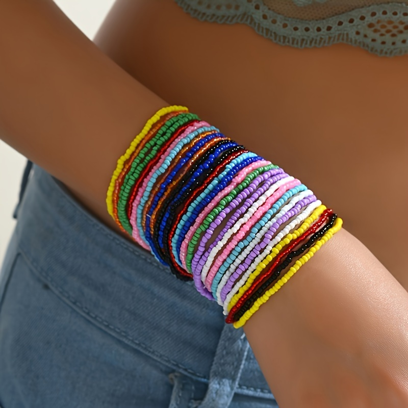 

30-piece Colorful Acrylic Seed Bead Bracelets - Stackable Elastic Stretch, Handcrafted Boho Fashion Jewelry Set For Teens & Adults