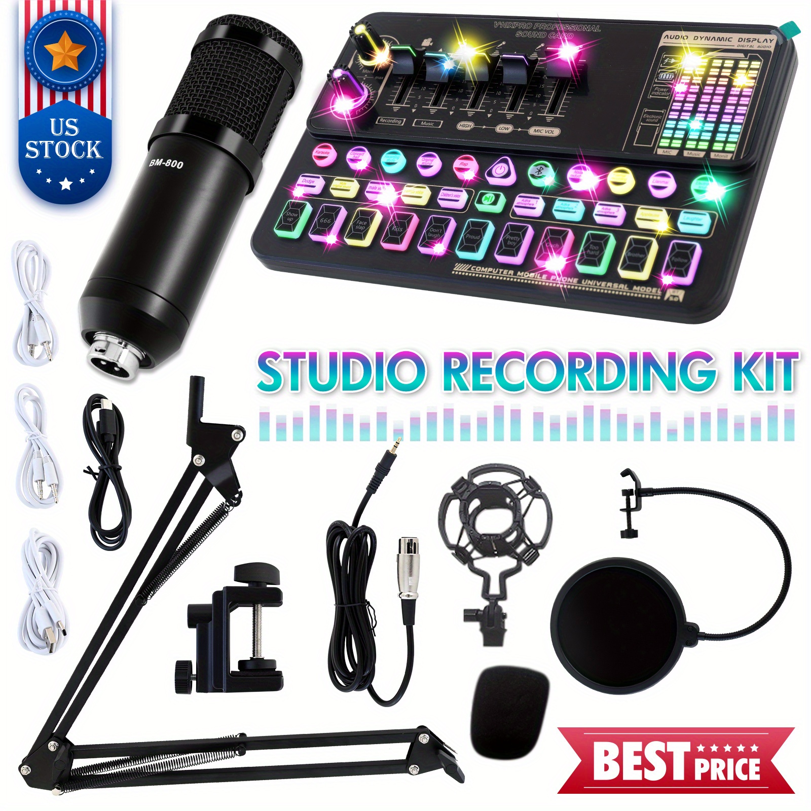 

Bundle Bm-800 Streaming Equipment Mic Kit With Vx10 Pro Live Sound Card, Adjustable Mic Stand And Metal Shock Mount Podcast Microphone Kit For Recording Broadcasting Streaming