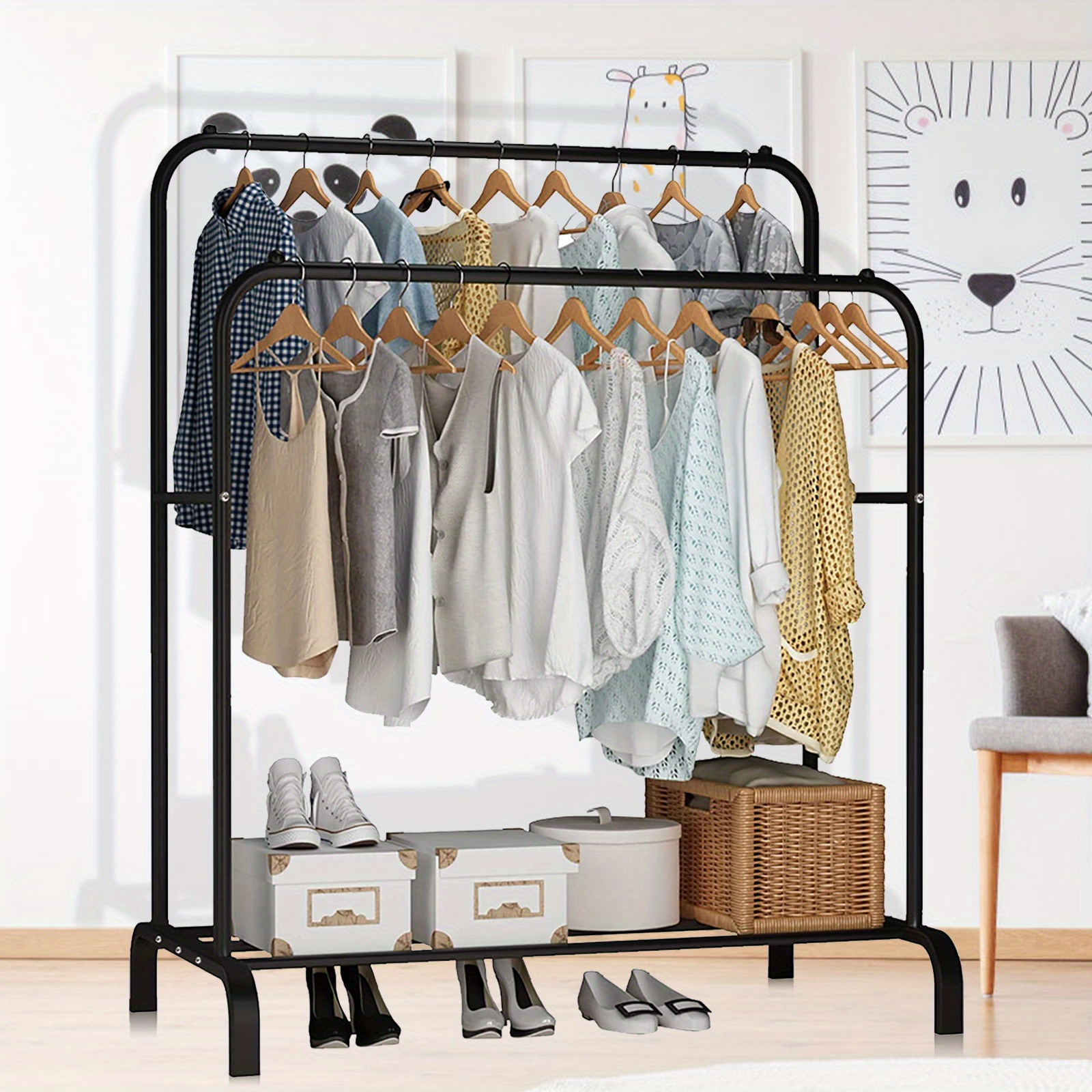 

Clothing Garment Coat Rack Freestanding Metal Clothes Storage Shelves Shoes Shelving Unit Stand Double Rail For Home Bedroom Office School Black