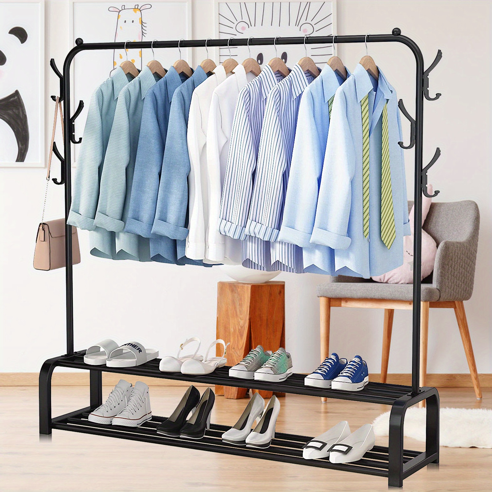 

Garment Rack Single Rail Freestanding Clothes Metal Stand With 6 Hangers 2 Shelves, Black