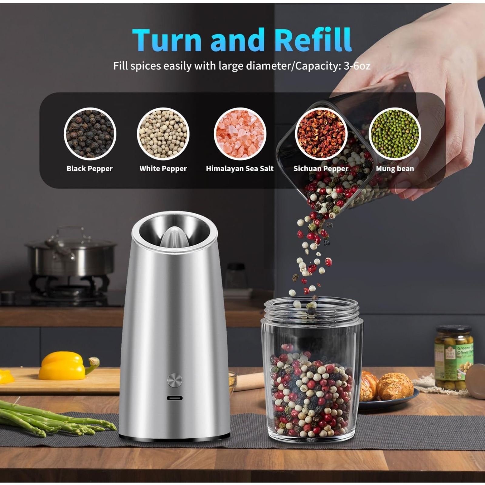 Rechargeable Electric Salt And Pepper Grinder Set - Top-Refill, Adjustable Coarseness, 110ml Capacity, With LED Light