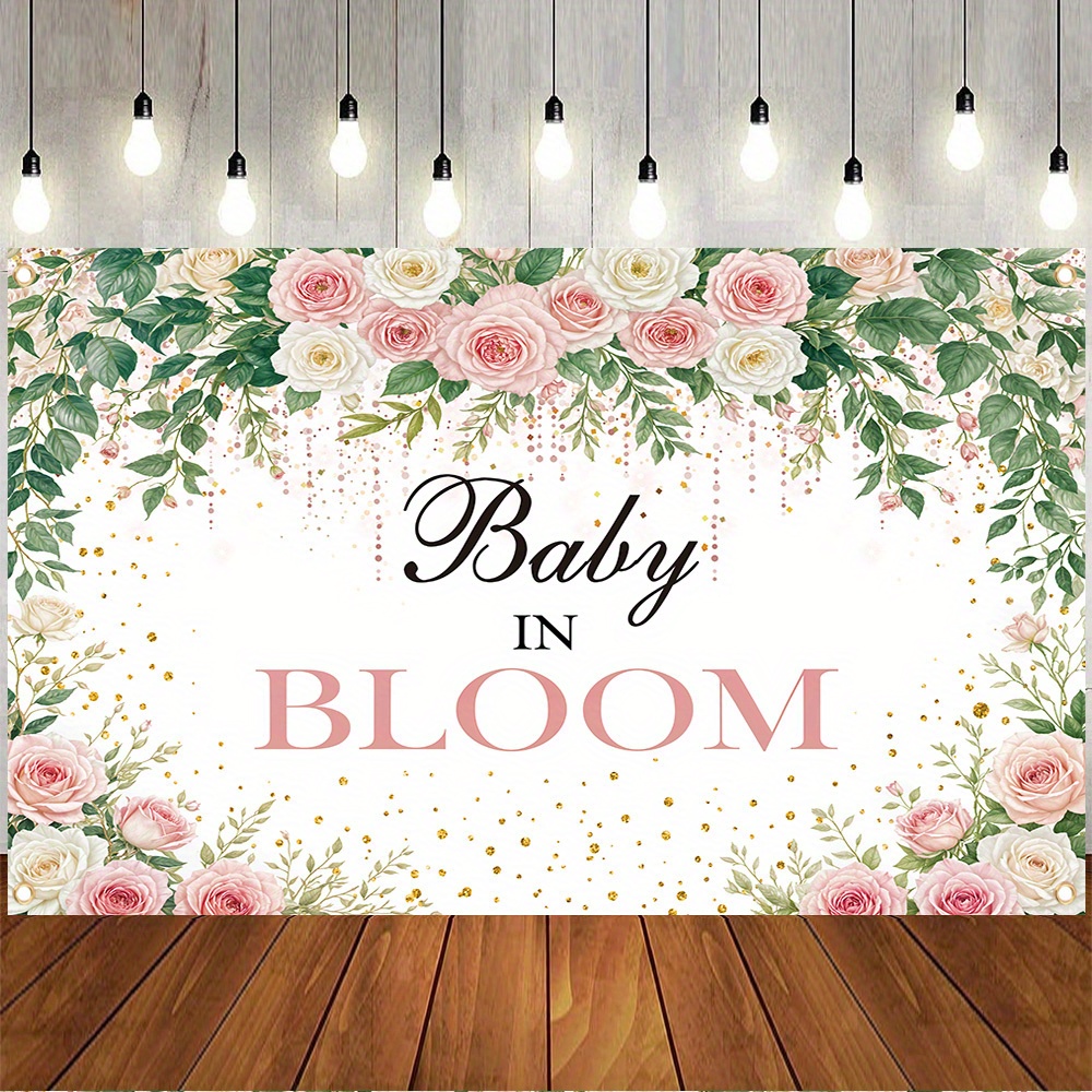 

1pc, Green Leaves Rose Floral Pattern, Polyester, Gender Reveal Photography Backdrop Fabric, Baby Shower Decoration Banner Birthday Party Hanging Sign, Photo Booth Props Supplies