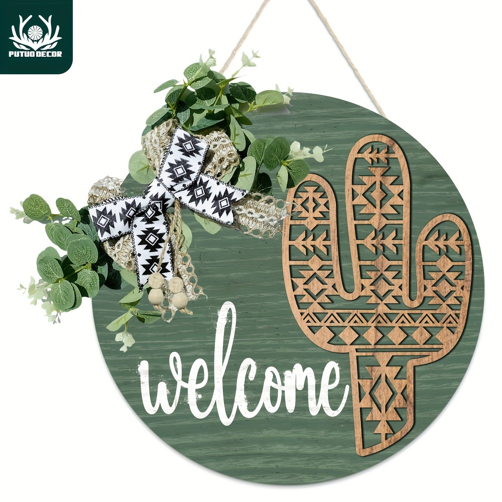

Putuo Decor 1pc Welcome Cactus Front Door Decoration, Wood Wreaths Hanging Sign Front Door Decor For Home Porch Farmhouse Cafe Coffee Shop, 11.8 X 11.8 Inches Gifts
