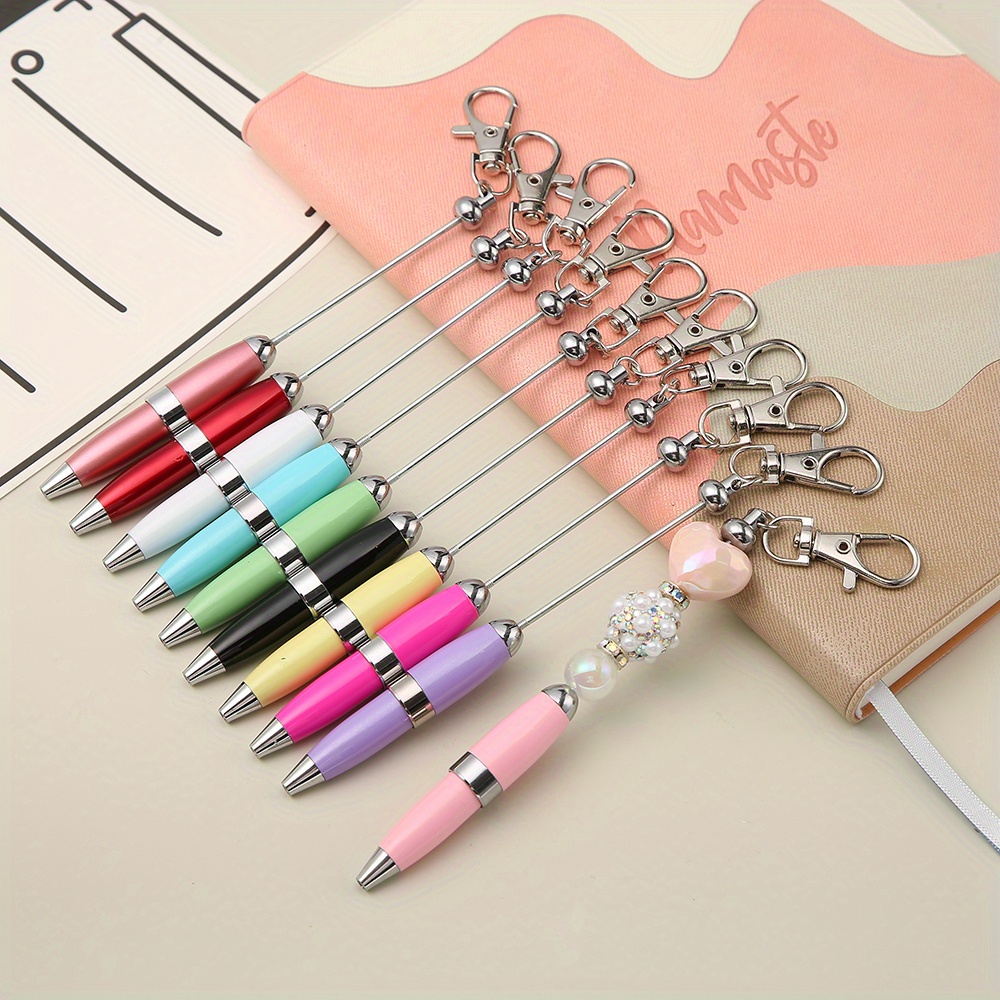 

10 Pcs Diy Beaded Mini Pens - Office Compatible, Portable, And Suitable For Ages 14+ - Metallic, Twist Closure, Medium Point, And Oval Shape