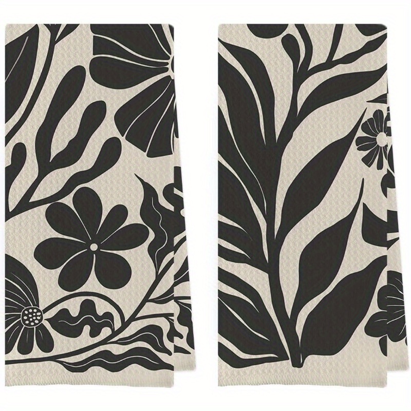 

2-pack Boho Floral Kitchen Dish Towels - Decorative Super Soft Polyester Blend Hand Towels, Vintage Abstract Flowers, Contemporary Style, Woven, Machine Washable, 18x26 Inch