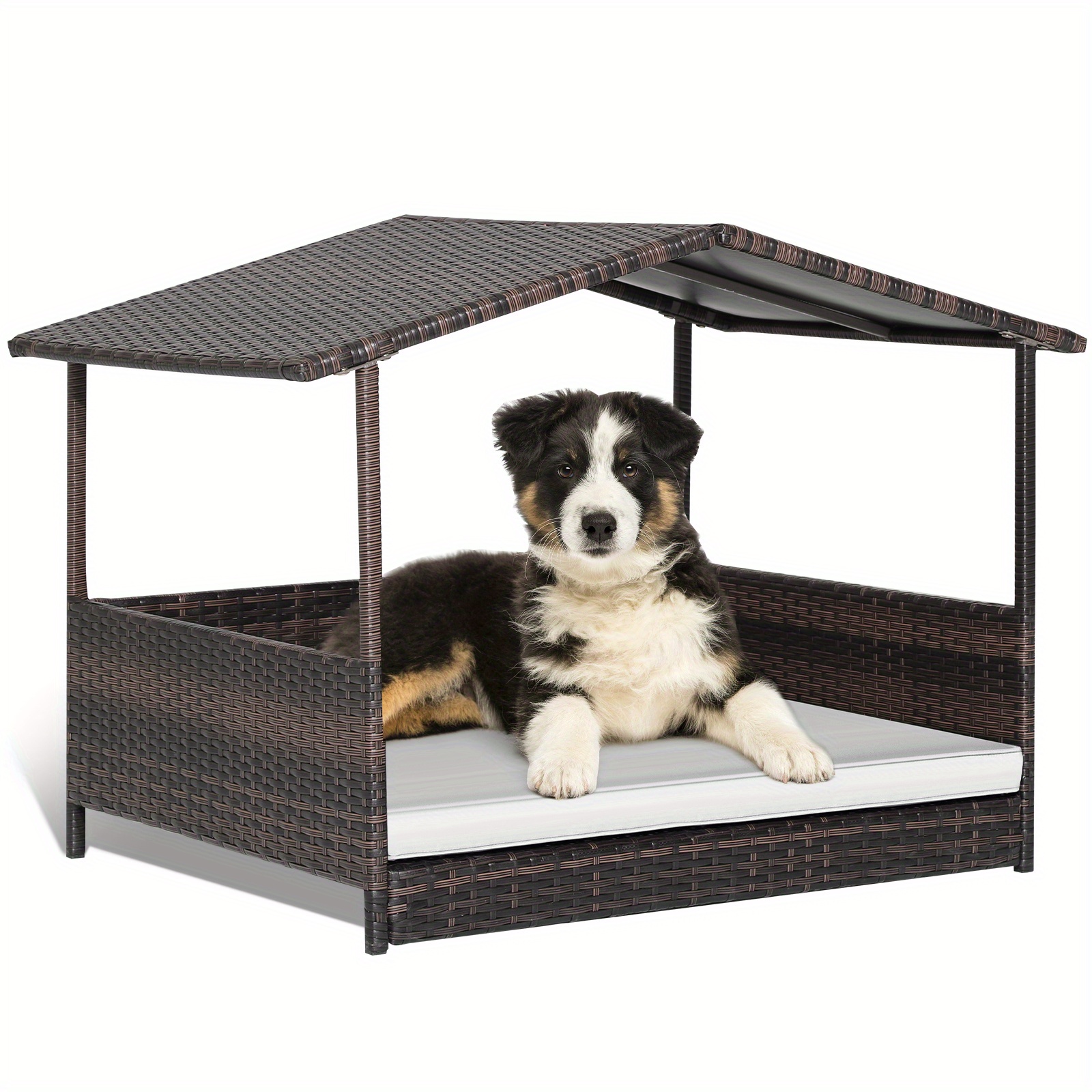 

Homasis Wicker Dog House W/ Cushion Lounge Raised Rattan Bed For Indoor/outdoor White