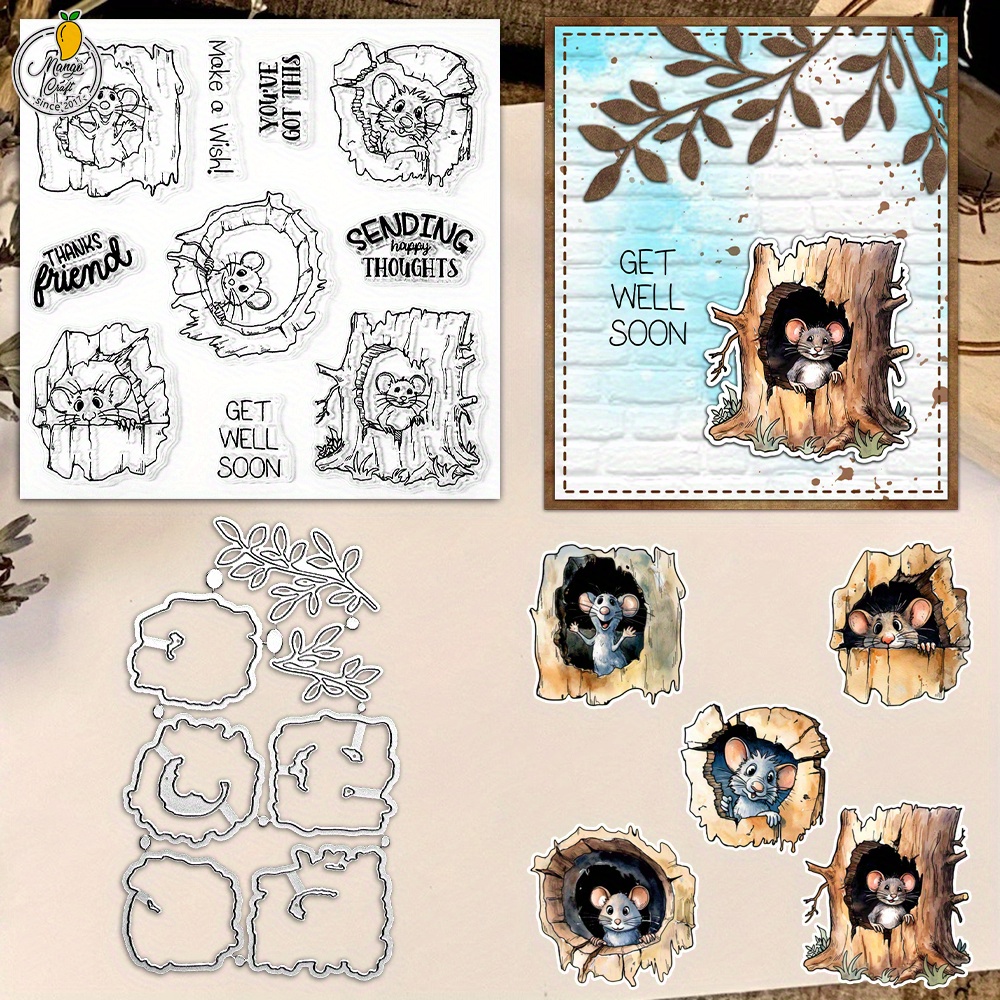 

Mangocraft Cute Mouse In Tree Hole Cutting Dies & Clear Stamp Set For Diy Scrapbooking, Card Making & Album Decor