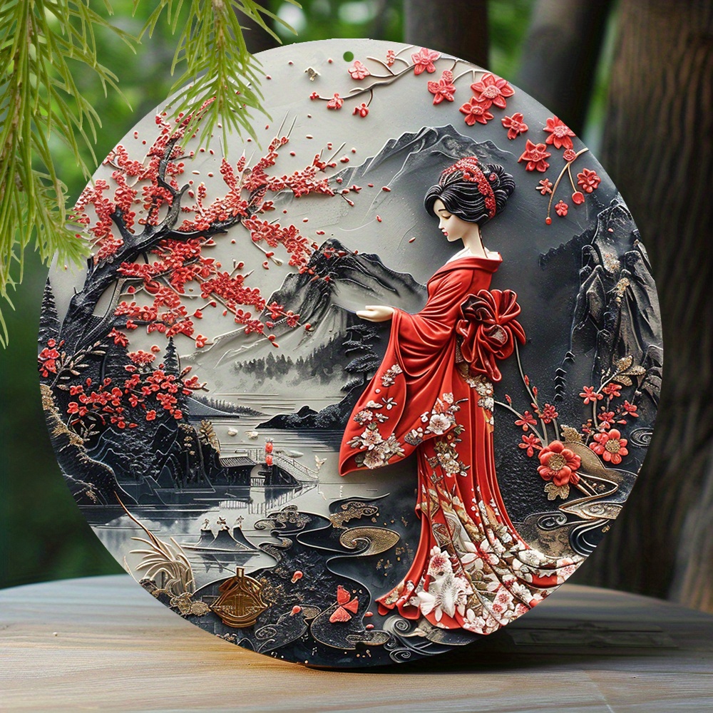 

Japanese Kimono 3d Relief Art Set, Aluminum Wall Decor With Cherry Blossoms And Scenic Landscape, Weather-resistant Outdoor Sign, Pre-drilled, 1pc 8x8 Inch - B2900