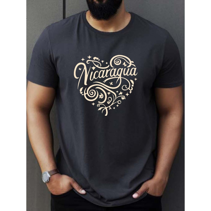 

Nicaragua In Heart Shape Print Men's Fashion Comfy Breathable T-shirt, New Casual Round Neck Short Sleeve Tee For Spring Summer Men's Clothing