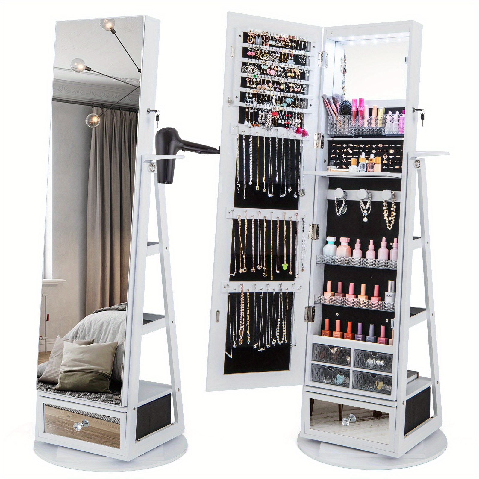 

Homasis 360° Swivel Jewelry Cabinet Full Length Mirror Storage Shelves W/built-in Lights