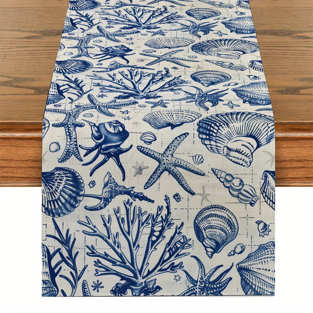 

Coastal Nautical Table Runner - 1pc Ocean Themed Woven Polyester Rectangle Table Flag For Kitchen, Dining Room Decor, Party, And Home Decoration With Seashell, Coral, Seahorse Motifs