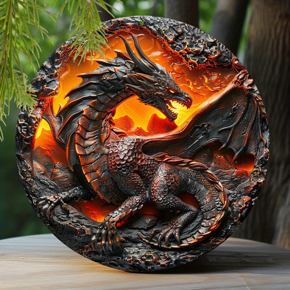 

8x8 Inch Volcanic Dragon Outdoor Decor: Pre-drilled Aluminum Sign For Weather Resistance And Festive Home Decor