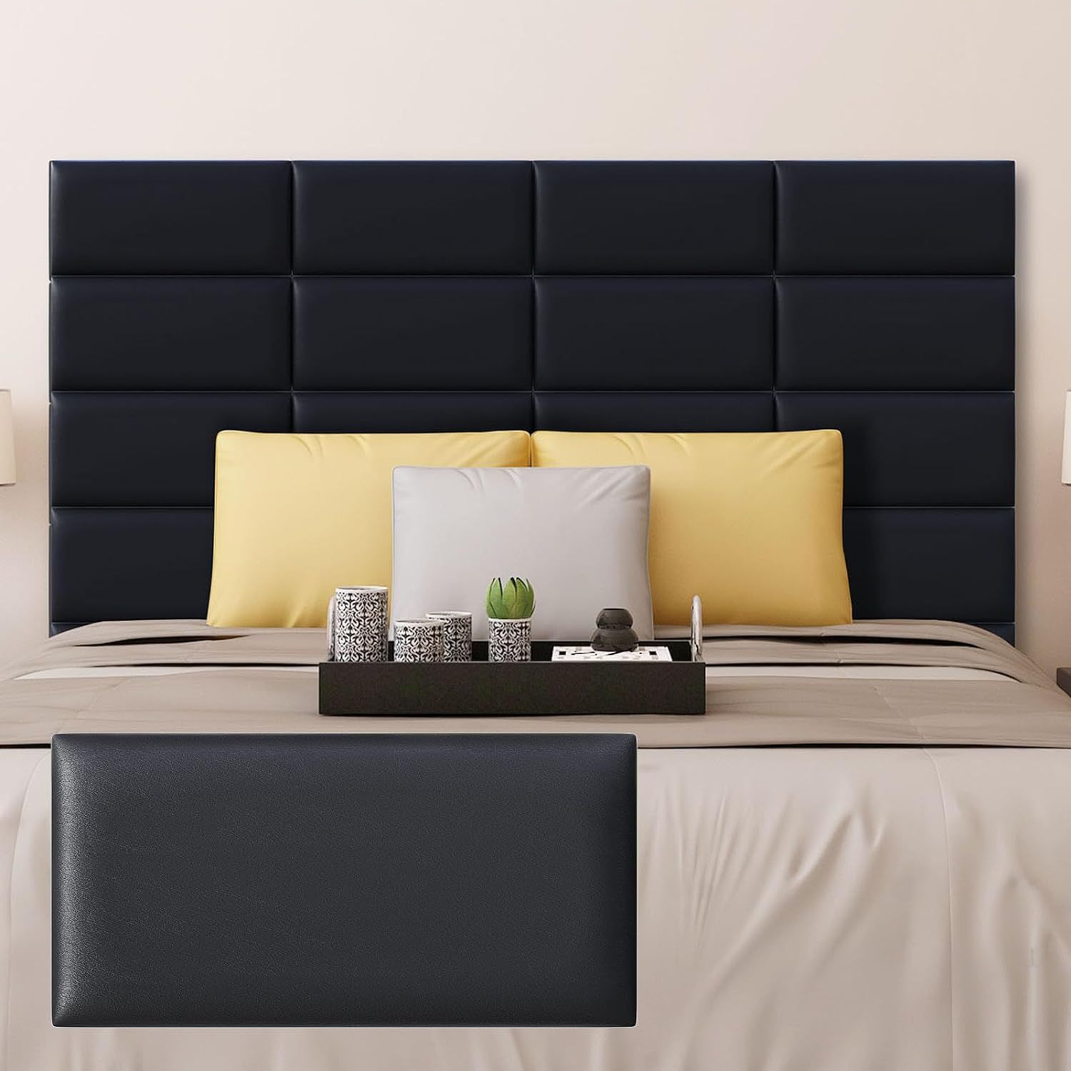 

Peel And Stick Headboard Black Upholstered Wall Panels, Pack Of 12 Panels Sized 7.8" X 15.7", 3d Anti-collision Wall Panel, Self-adhesive Bedroom/living Room Upholstered Wall Pane