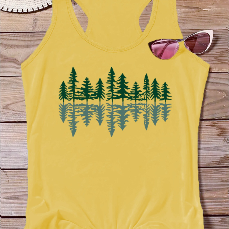 

Tree Print Tank Top, Sleeveless Crew Neck Casual Top For Summer & Spring, Women's Clothing
