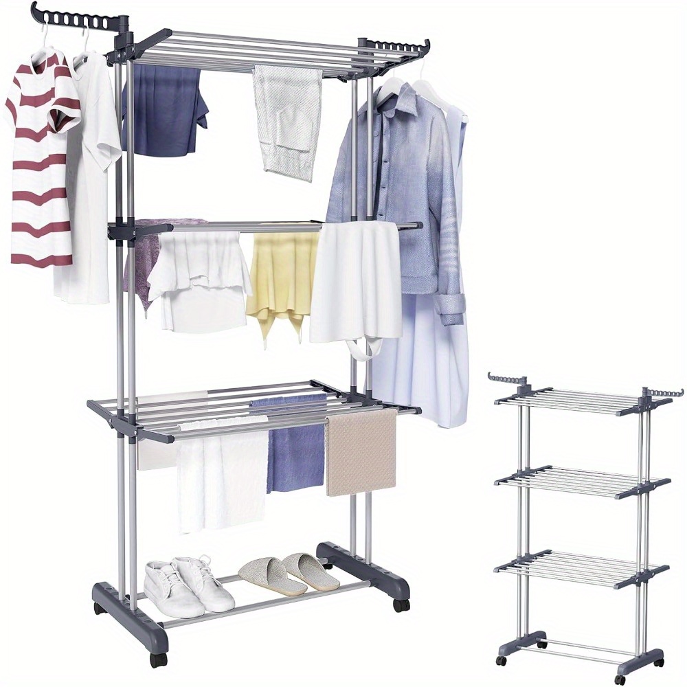 TEMU de tendedero plegable con ruedas, secadora de ropa de metal de 3 niveles con 6 fijas y 2 giratorias, diseño que ahorra para ropa, toallas,