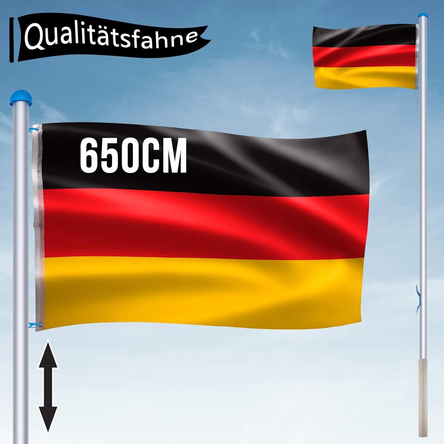 

Yardin Aluminium Flagpole 6.5 M With Germany Flag + Ground Sleeve + Pull Rope + Locking Hook + End Cap, In 5 Different Heights