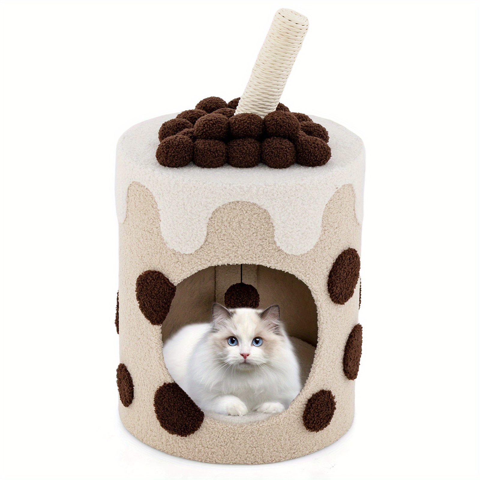 

Homasis Bubble Tea Cat Tree Tower With Scratching Post Dangling Ball Toy Coffee Beige