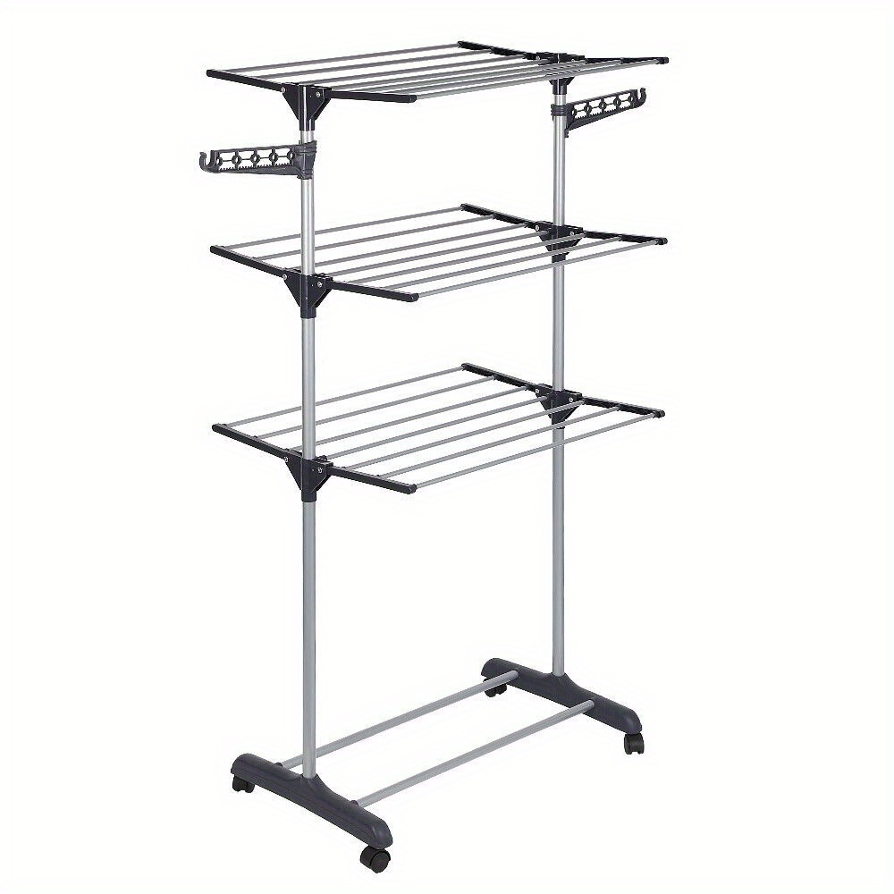 Clothes Drying Rack, Foldable Dryer, Space 3-tier Metal Drying Rack With Side Wings, Expandable - Gray, Drying Racks